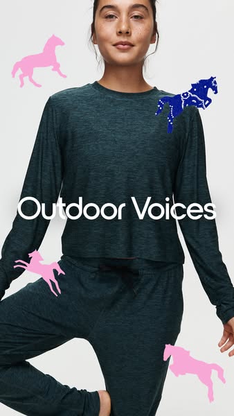 This ad features a woman wearing a matching top and bottom set from Outdoor Voices. The ad uses animated horse graphics 
