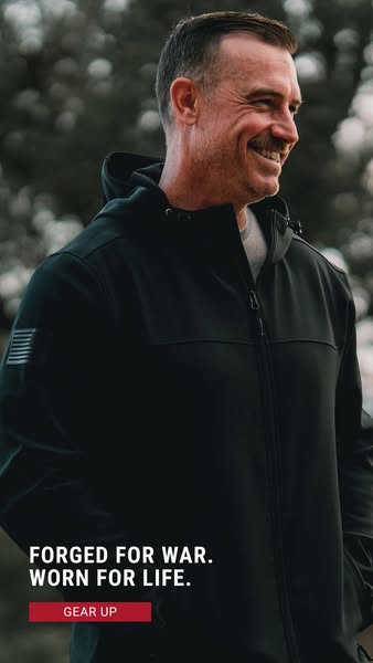 This ad features a man wearing a black hooded jacket. The ad highlights the jacket's durability and versatility, sug