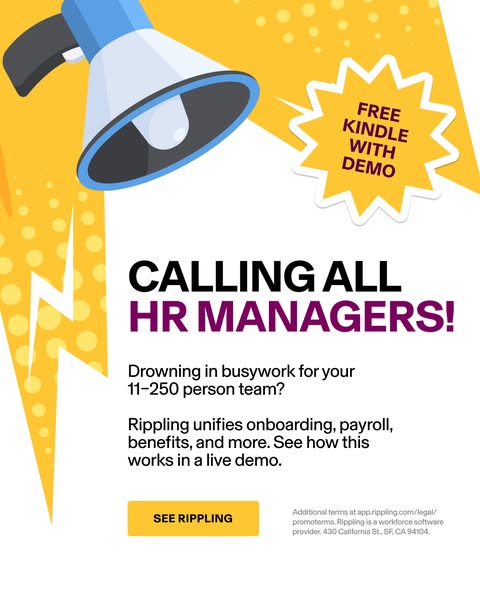 This ad for Rippling targets HR managers who are overwhelmed with busywork. It offers a solution by unifying onboarding,
