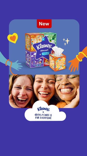 This image ad promotes Kleenex Ultra Soft tissues using bright colors and a social message. The creative incorporates th
