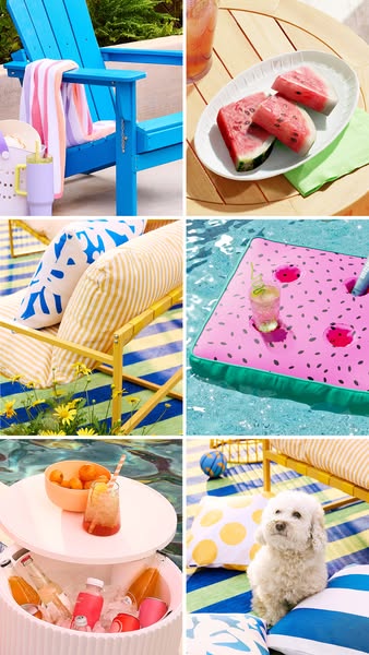 This image ad features a grid of six images showcasing products that can be used in the summertime such as a blue adiron
