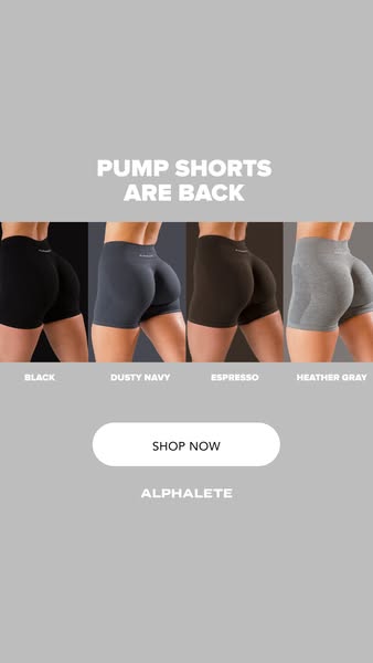 This ad showcases Alphalete's Pump Shorts in various colors, highlighting their return with a simple, visually-focus