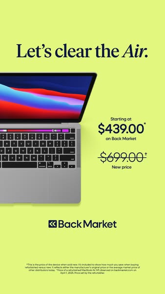This ad for Back Market features a Macbook Air and highlights the savings a customer can get by purchasing the product o