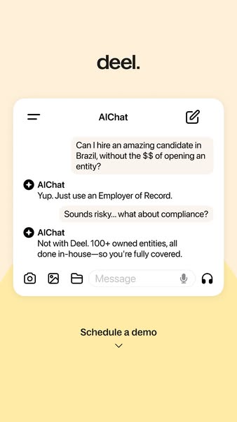 This ad features a screenshot of a chat interface between a user and Deel's AI chatbot. The user inquires about hiri