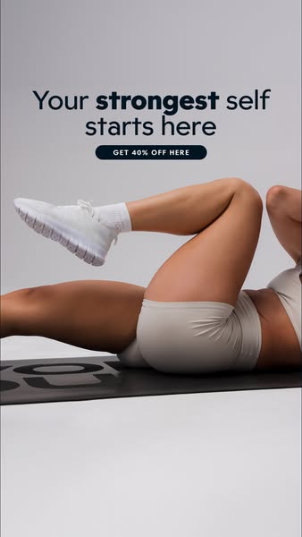 This ad features a woman doing crunches on a yoga mat. The ad promotes fitness and offers a discount.