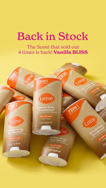 A bright and product-focused image that highlights the restock of Lume's Vanilla Bliss deodorant. The image features