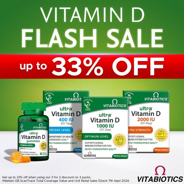 This image ad promotes Vitabiotics Ultra Vitamin D supplements, offering up to 33% off. The ad features three different 