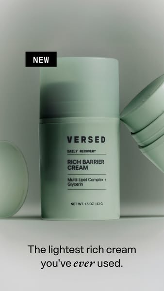 This ad showcases Versed's Daily Recovery Rich Barrier Cream, emphasizing its lightweight texture and key ingredient