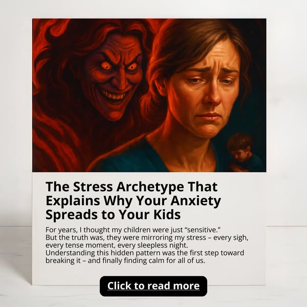 The ad features an image of a stressed mother with a menacing figure behind her, symbolizing anxiety. The text explains 