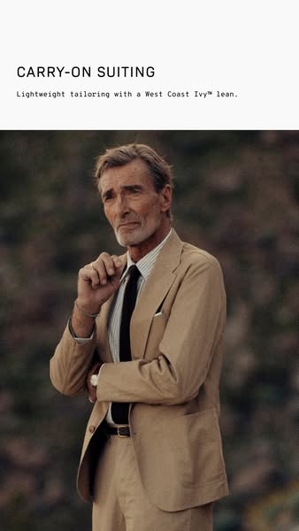 This image ad showcases the brand's "Carry-On Suiting", emphasizing lightweight tailoring with a West Coas