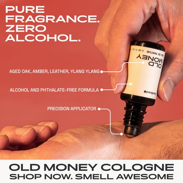 This image ad for Old Money Cologne highlights the product's key features, such as its alcohol-free formula and prec