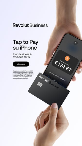 This ad for Revolut Business demonstrates the iPhone's Tap to Pay feature using a Revolut Business card.
