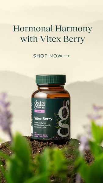 This ad for Gaia Herbs promotes their Vitex Berry supplement for hormonal harmony. The image features the product bottle
