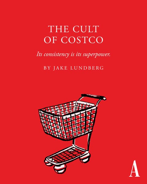 This is a static image ad for the book 'The Cult of Costco' by Jake Lundberg. The ad has a red background and fe