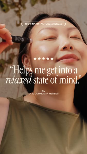 This ad features a woman applying Saje stress release oil to her temple. She is smiling and relaxed, and the ad includes