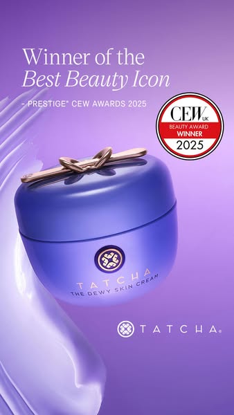 This ad for Tatcha's The Dewy Skin Cream highlights the product's award-winning status and luxurious presentatio