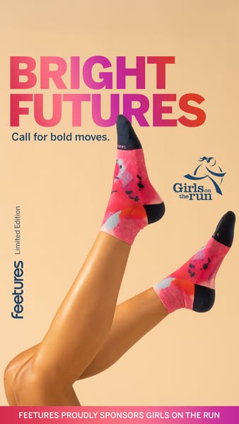 This image ad for Feetures socks highlights the brand's partnership with Girls on the Run, an organization promoting