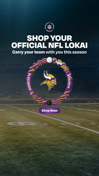This ad promotes Lokai bracelets with NFL team branding, specifically the Minnesota Vikings. It encourages fans to '