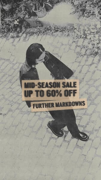 The image is a black-and-white collage-style advertisement promoting a mid-season sale with up to 60% off and further ma