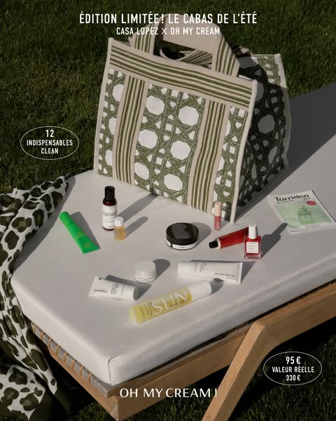 This ad promotes a limited edition bag from Casa Lopez in collaboration with Oh My Cream, filled with 12 indispensable c