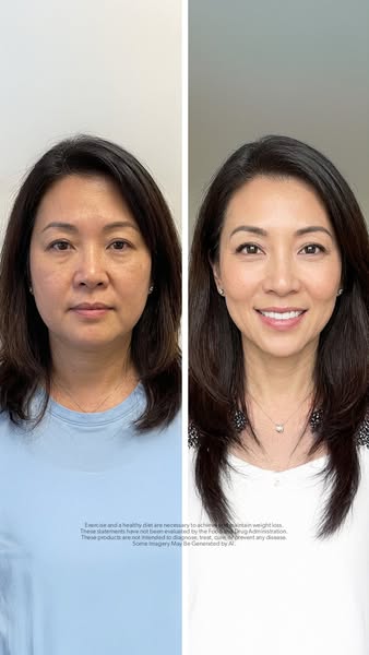 This ad shows a before and after image of a woman's face. The left side of the image shows the woman before using th