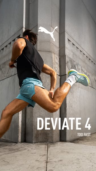 This ad showcases a man running in the Puma Deviate 4 running shoes. The ad highlights the model name with a tagline ind