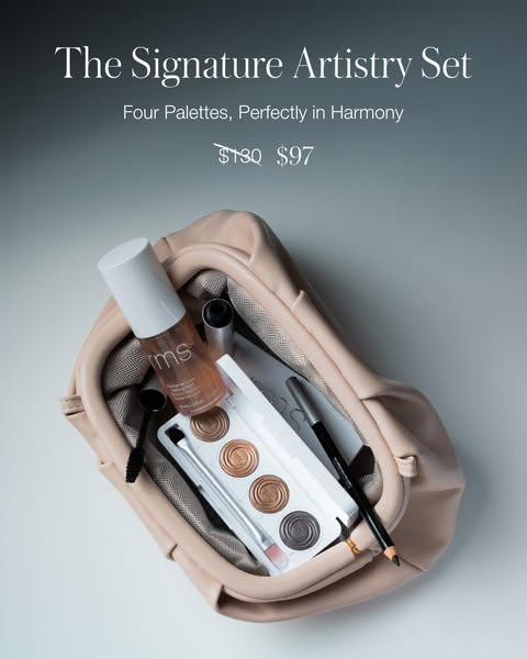The ad showcases the RMS Signature Artistry Set that includes four palettes and other cosmetic products inside of a clut