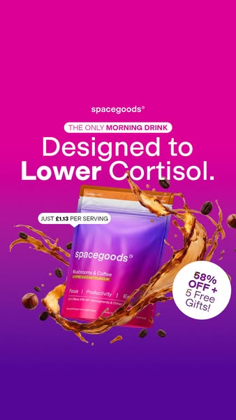 This ad promotes Spacegoods Mushroom & Coffee mix as a way to lower cortisol levels and provides an offer of 58% off