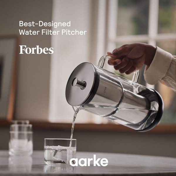 This ad showcases the Aarke water filter pitcher, emphasizing its design and functionality. It leverages a Forbes endors