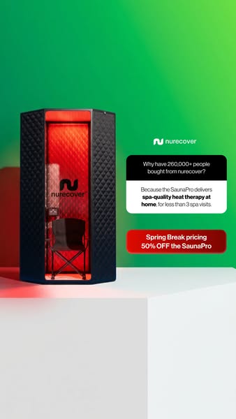 This ad promotes the Nurecover SaunaPro, highlighting its ability to provide spa-quality heat therapy at home for less t