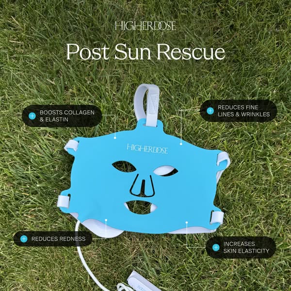 This ad promotes the HigherDOSE Post Sun Rescue LED face mask, highlighting its benefits for skin recovery after sun exp