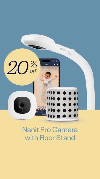 The image showcases the Nanit Pro Camera with Floor Stand, highlighting a 20% discount. The product is displayed alongsi