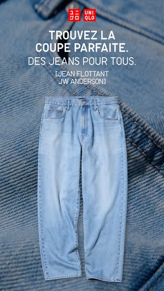 An ad for Uniqlo jeans, featuring a pair of jeans set against a denim background. The ad uses a simple, clean design wit