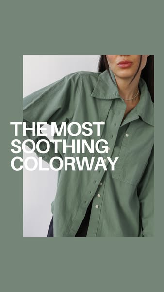 Image ad for a women's clothing brand showcasing a button-up shirt in a soothing colorway.