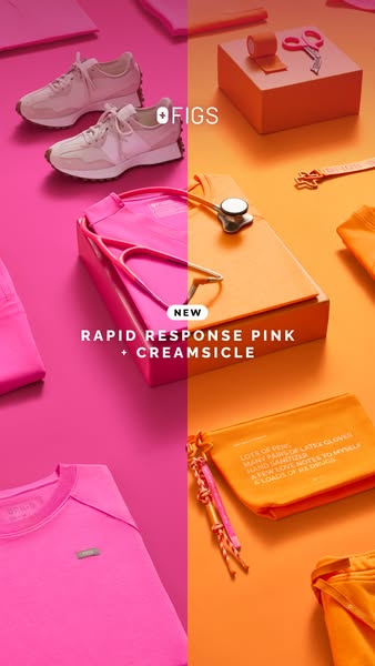 This ad showcases FIGS brand's new color combination named 'Rapid Response Pink + Creamsicle.' The ad uses a