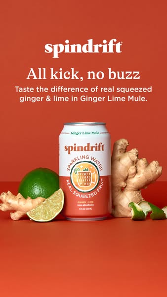 This ad promotes Spindrift's Ginger Lime Mule sparkling water. It showcases the 'real squeezed fruit' ingred