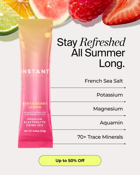 This ad for Instant Hydration drink mix features a pink and yellow gradient stick of the Strawberry Lemon flavor against