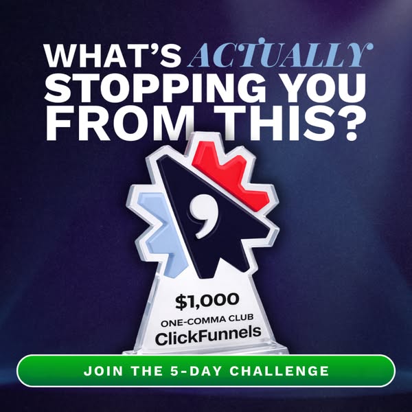 This is an image ad for ClickFunnels featuring a trophy and a call to action to join a 5-day challenge.