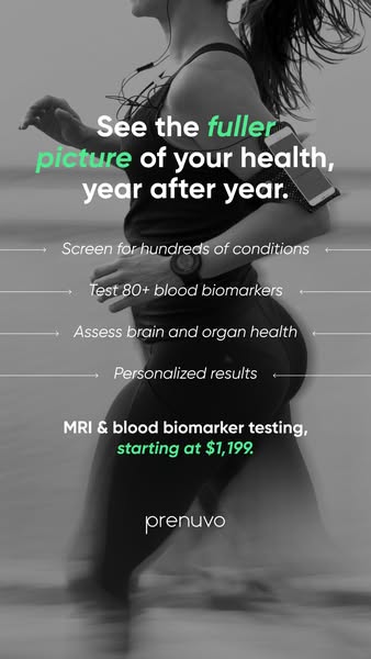 The Prenuvo ad features a woman jogging and provides information about the services Prenuvo provides. The ad promotes th