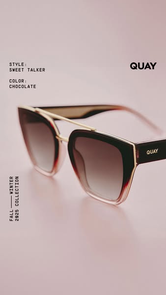 This ad showcases Quay sunglasses, highlighting the 'Sweet Talker' style in 'Chocolate' color from the F