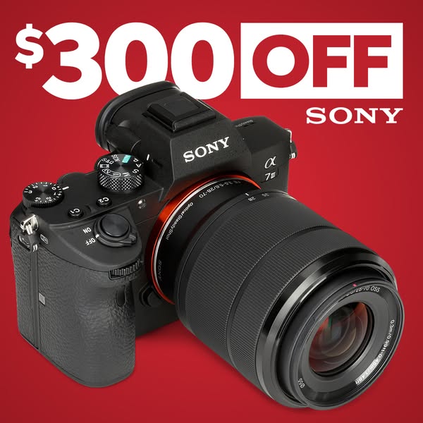 Image ad for Sony Alpha 7 III camera, highlighting a limited-time offer of $300 off.