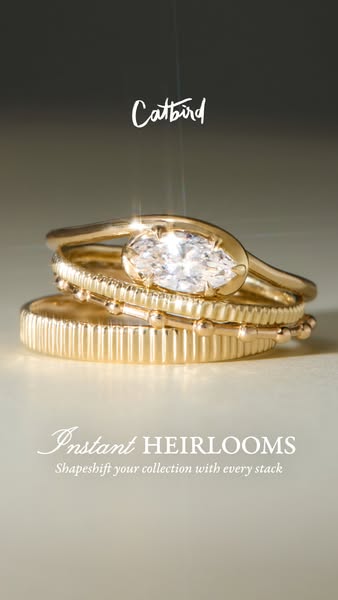 This ad showcases Catbird jewelry with a stack of rings and text that reads, "Instant HEIRLOOMS, Shapeshift your co