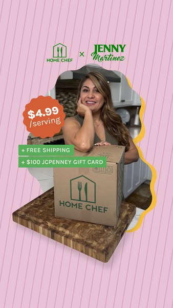 The ad features a woman in a home kitchen setting, next to a Home Chef box. An offer is highlighted with the price per s