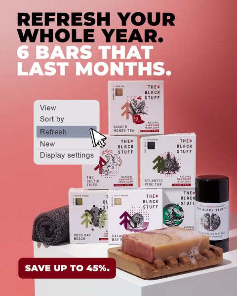 An advertisement for The Black Stuff soaps. The ad promotes a pack of six bars of soap that last for months with the opt