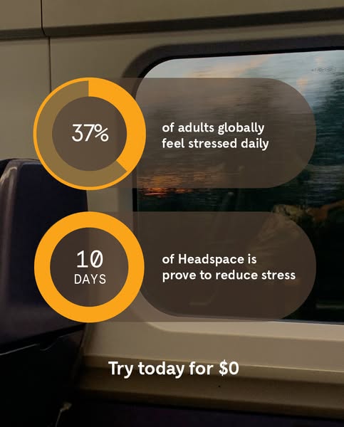 This ad uses statistics about stress to highlight the need for Headspace. It provides a free trial offer.