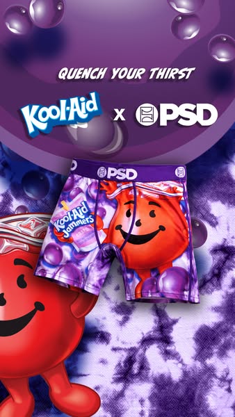 This ad promotes a collaboration between Kool-Aid and PSD, showcasing a pair of boxer briefs featuring Kool-Aid branding