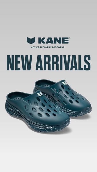 This ad showcases Kane active recovery footwear. The primary focus is on the latest arrivals, emphasizing a fresh and in