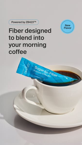 This image ad shows Zbiotics sugar-to-fiber probiotic drink mix. The text states it's designed to blend into your mo