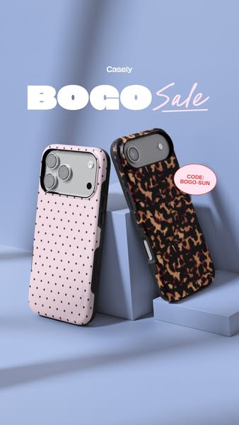 This Meta image ad by Casely promotes a BOGO sale for their phone cases. The ad features two phone cases with unique des