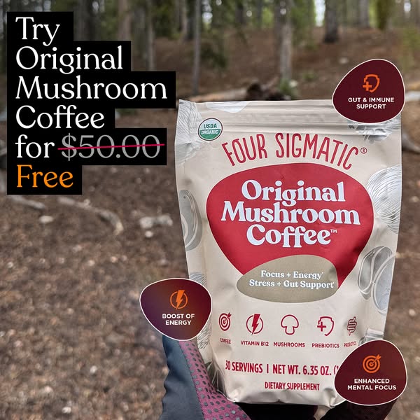 This image ad promotes Four Sigmatic's Original Mushroom Coffee with an offer of 'Free' (crossed out price o